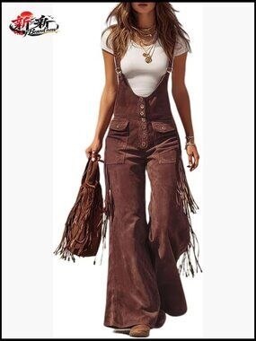 Polyester Spandex Suede Fringe Cowgirl Jumpsuit Vintage Cargo Romper